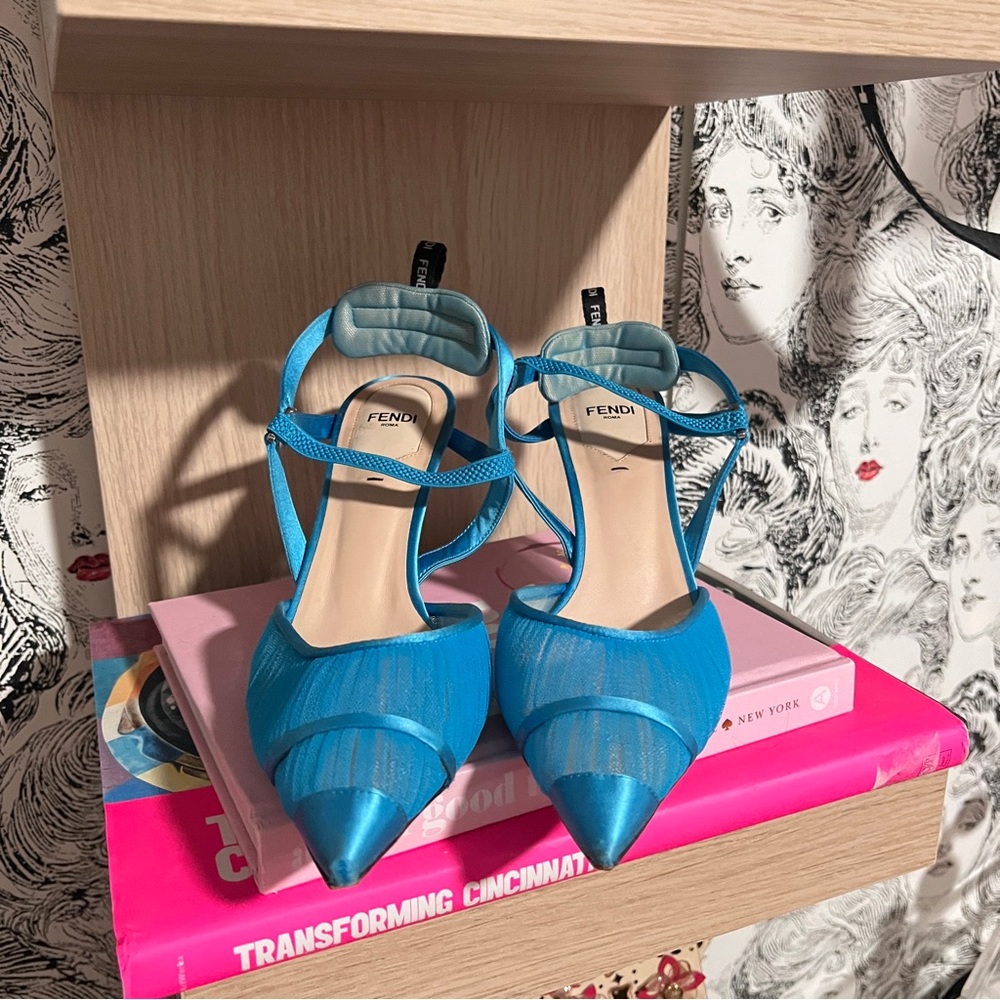 Fendi blue tulle & satin colibri slingback pumps